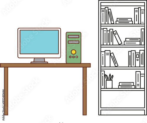 Modern workspace vector illustration featuring a desktop computer on a wooden desk next to a tall bookshelf for home office and education concepts.