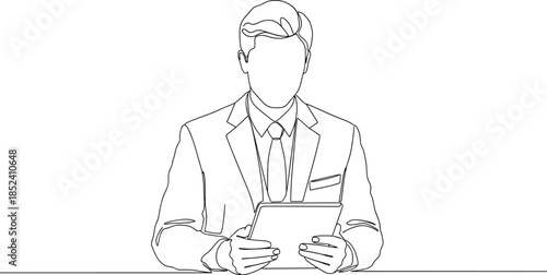 Modern continuous line art vector of a professional businessman in a suit using a digital tablet for corporate finance and leadership concepts.