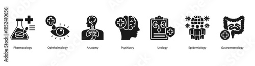 Medical Disciplines web banner illustration featuring Pharmacology, Ophthalmology, Anatomy, Psychiatry, Urology, Epidemiology, and Gastroenterology.