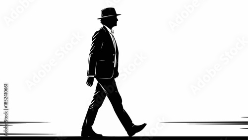 Man in Suit and Hat Walking Silhouette.