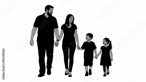 Family of Four Walking Together Hand in Hand.