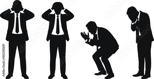 Stressed businessman silhouette set, frustrated professional men poses, anxiety depression burnout concept, business stress emotions isolated vector illustration