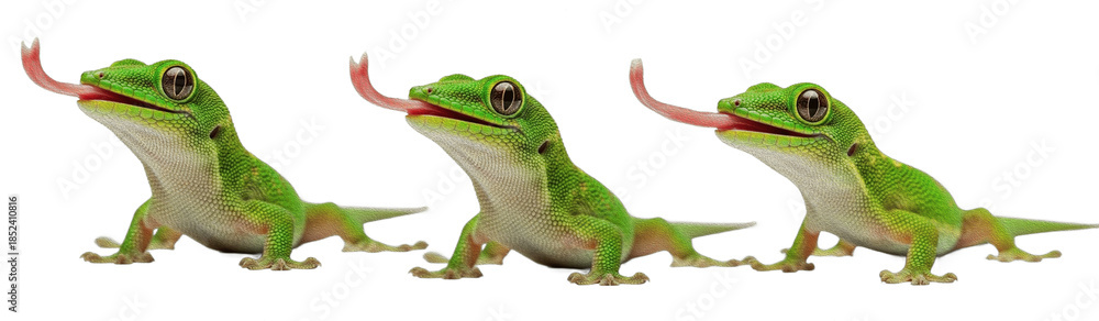 Obraz premium Green Gecko Trio with Extended Tongues on White Background