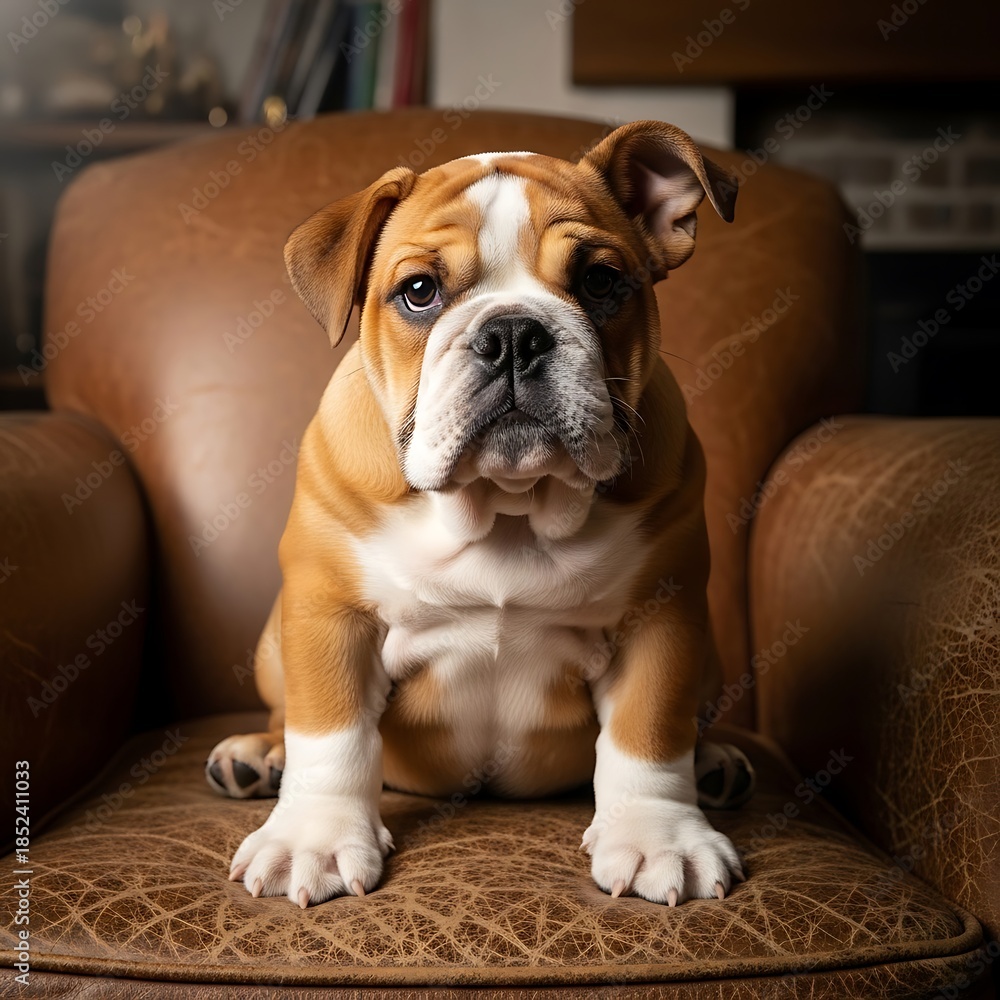 Fototapeta premium Adorable Bulldog Puppy Sitting on a Leather Armchair.