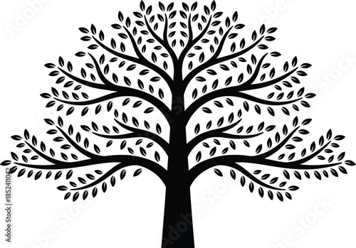 Stylized tree silhouette with leaves, nature growth symbol, family roots ecology life balance isolated vector illustration design minimal black icon