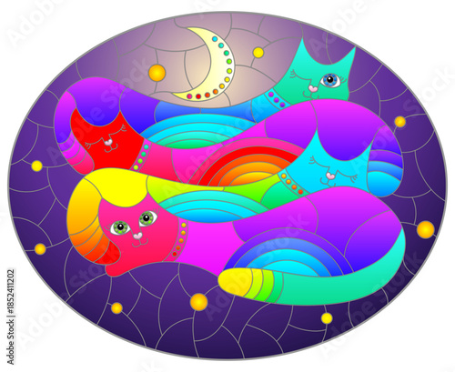 Illustration in the style of a stained glass window with bright cats on the background of the night sky with the moon and stars