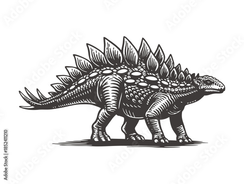 Vintage engraved style illustration of a spiked stegosaurus dinosaur walking.