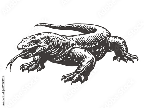 Detailed woodcut illustration of a large monitor lizard crawling forward.
