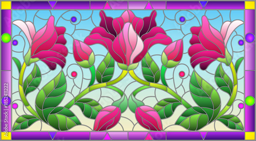 llustration in stained glass style with flowers, leaves and buds of pink lilies on a blue background