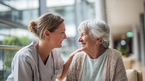Nurse providing compassionate care to an elderly woman smiling