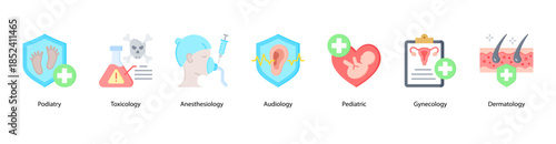 Clinical Specialties web banner illustration featuring Podiatry, Toxicology, Anesthesiology, Audiology, Pediatric, Gynecology, and Dermatology.