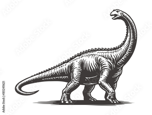 Long necked brachiosaurus dinosaur illustration in a classic woodcut style.
