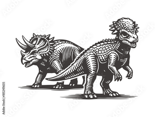Two prehistoric herbivore dinosaurs illustrated in a vintage woodcut style.