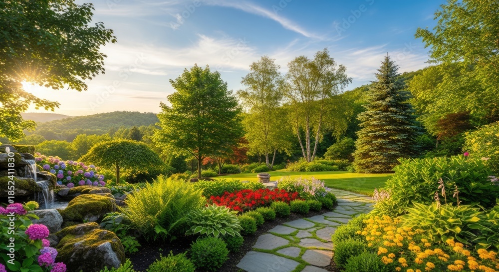 Obraz premium A serene garden with a path leading through a lush, green landscape with a waterfall and colorful flowers.