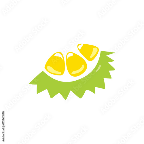 A minimalist vector illustration of a durian fruit segment featuring bright yellow flesh on a green spiky rind.