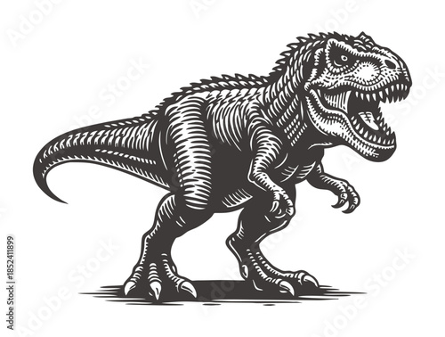 Powerful woodcut illustration of a roaring tyrannosaurus rex dinosaur standing.