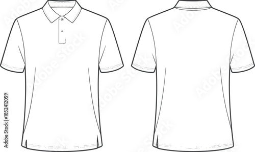 Classic polo shirt front and back technical outline vector for apparel design mockups fashion production cad drawing flat illustration template
