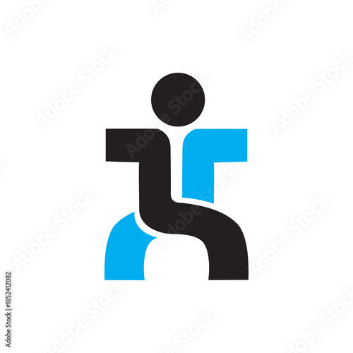 A minimalist logo of an abstract human figure composed of interlocking black and bright blue shapes against a white background.