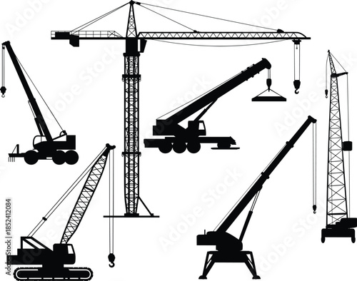 Collection of construction crane silhouettes, heavy lifting machinery icons, tower and mobile crane symbols, industrial building equipment set, engineering transport vector illustrations,