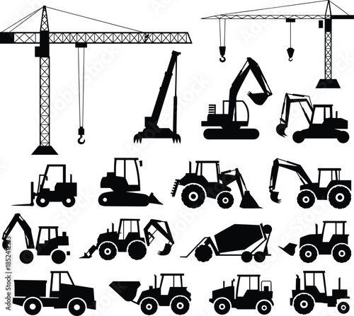 Construction equipment silhouette icon set, heavy machinery vehicles including crane excavator loader tractor, black vector illustration isolated on white background