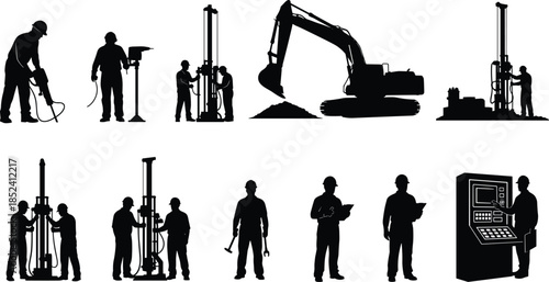 Construction drilling and excavation worker silhouettes set, industrial foundation machinery and engineering equipment collection, heavy labor scene, black and white vector illustration
