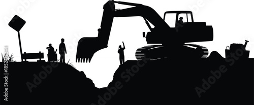 Construction excavator silhouette with workers, heavy machinery digging site scene, industrial earthmoving concept, roadwork and engineering activity, flat vector illustration isolated