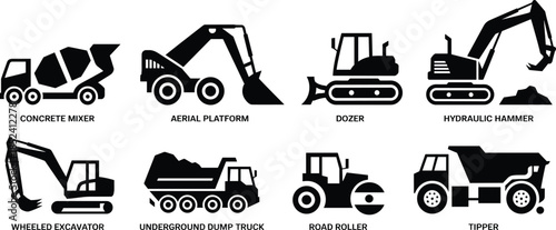 Construction machinery silhouette icon set, heavy equipment vehicles including concrete mixer excavator dozer road roller tipper, black vector illustration isolated