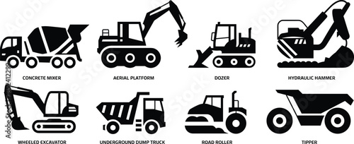 Construction machinery silhouette icons set, heavy equipment vehicles including concrete mixer dozer excavator road roller tipper, black vector illustration isolated