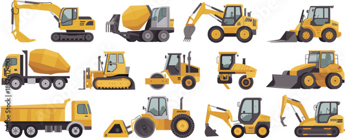 Construction machinery vector illustration set of excavators loaders dump trucks rollers bulldozers heavy equipment icons isolated on white background design