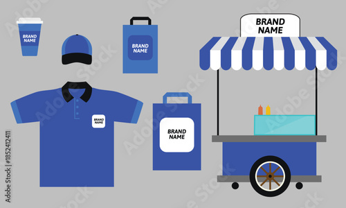 Street Food Cart Branding Mockup Set with Blue Merchandise Vector Illustration