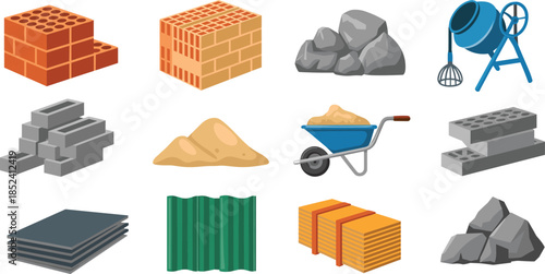 Construction materials vector illustration set including bricks cement mixer sand gravel concrete blocks metal sheets isolated on white background design