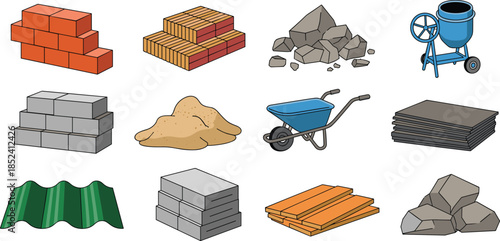 Construction materials vector set with bricks concrete blocks sand gravel cement mixer wheelbarrow metal sheets isolated on white background design