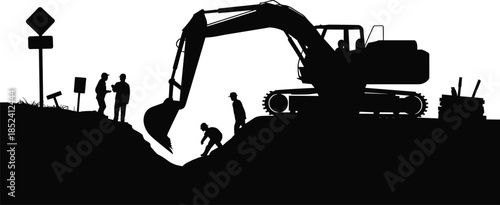 Construction site silhouette with workers, heavy excavator digging trench on road, civil engineering project, industrial machinery development, infrastructure building equipment and crew