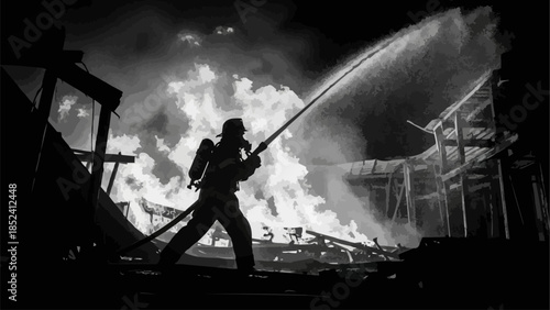Firefighter Fighting Fire with Water Hose.