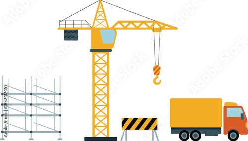 Construction site vector illustration with tower crane scaffolding safety barrier truck equipment for industrial building development project management infrastructure work