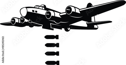 Vintage military bomber silhouette dropping bombs, wartime aviation aircraft concept, strategic airstrike weapon plane history isolated vector illustration design