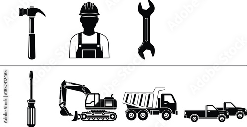 Construction tools and worker equipment icons set, hammer wrench screwdriver and heavy machinery vehicles, industrial repair symbols, flat black silhouette vector illustration