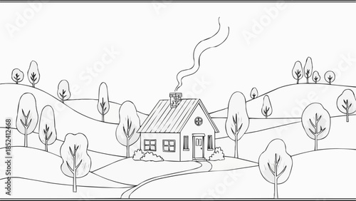 Simple House with Chimney and Trees.