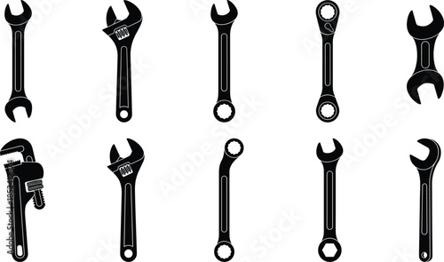 Wrench tools silhouette set, adjustable spanners collection, mechanic hand tools equipment, repair maintenance workshop hardware isolated vector illustration