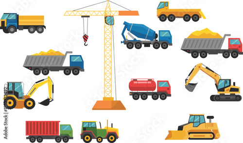 Construction vehicles and heavy machinery flat vector illustration set with crane trucks excavator bulldozer concrete mixer for industrial building projects