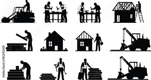 Construction workers silhouettes set, house building process, carpentry and masonry tasks, heavy machinery equipment, industrial labor workflow, black flat vector illustration collection