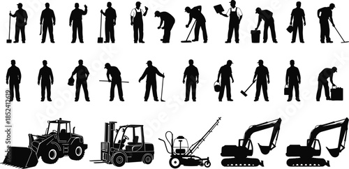 Construction workers silhouettes set, industrial labor people with tools, heavy machinery equipment icons, building site workforce, black vector illustration collection