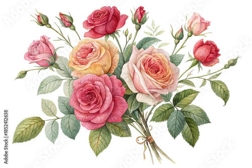 Watercolor-style illustration. Realistic rose illustration. Transparent background. Cutout.