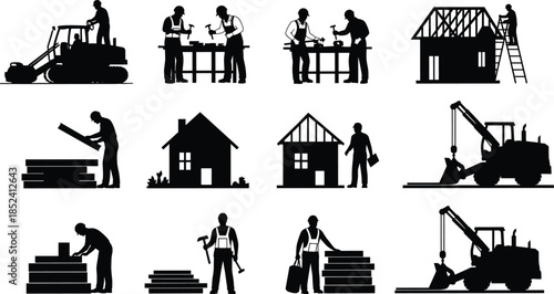 Construction workers silhouettes showing building process, carpentry teamwork, heavy machinery operation, house framing stages, flat vector illustration for construction industry conceptsv