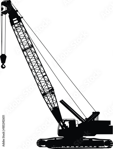 Crawler crane silhouette vector illustration, heavy lifting machinery for construction sites, industrial mobile crane icon, engineering equipment isolated on white background, building machinery