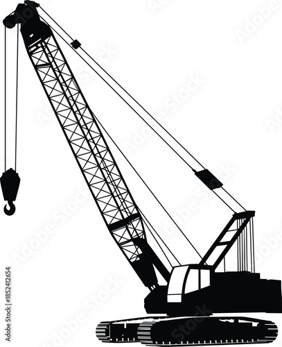 Crawler crane silhouette vector illustration, heavy lifting machinery for construction sites, industrial mobile crane icon, engineering equipment isolated on white background, building machinery