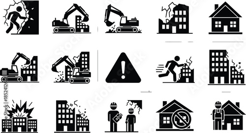 Earthquake damage and demolition icon set, building collapse emergency warning symbols, construction risk and safety concepts, black and white vector illustration