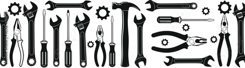Hand tools silhouette vector illustration set, wrench hammer screwdriver pliers gear equipment collection for industrial repair, mechanical engineering and workshop maintenance design