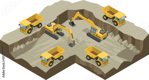 Heavy construction excavators and dump trucks working at mining quarry site with industrial earthmoving machinery equipment for excavation and transport