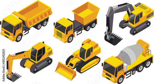 Heavy construction machinery vector illustration collection with dump trucks excavators loaders concrete mixer vehicles for industrial infrastructure building projects